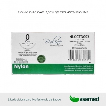FIO NYLON 0 C/AG 3,0CM 3/8 TRG. CORT. 45CM BIOLINE