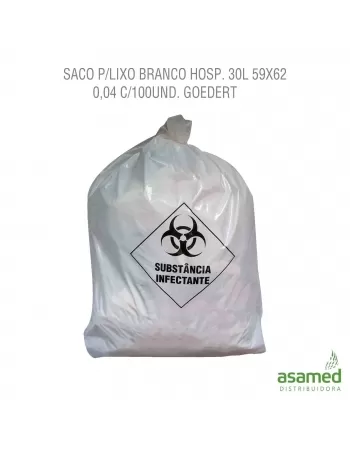 SACO P/LIXO BRANCO HOSP. 30L 59X62 0,04 C/100UND. GOEDERT