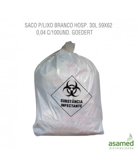 SACO P/LIXO BRANCO HOSP. 30L 59X62 0,04 C/100UND. GOEDERT