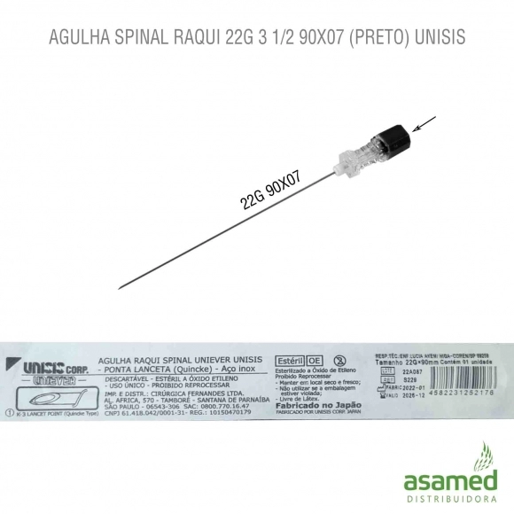 AGULHA SPINAL RAQUI 22G 3 1/2 (90X07MM)(PRETO) UNISIS