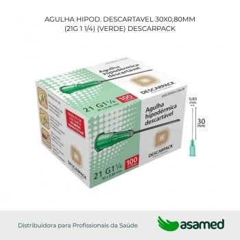 AGULHA HIPOD. DESCARTAVEL 30X0,80MM (21G 1 1/4) (VERDE) DESCARPAC