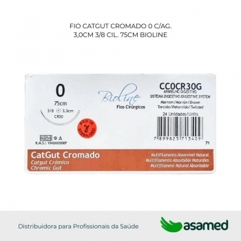 FIO CATGUT CROMADO 0 MARROM C/AG 3,0CM 3/8 CIL. 75CM BIOLINE