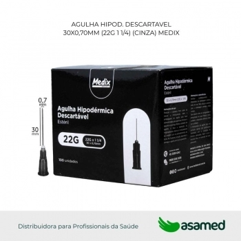 AGULHA HIPOD. DESCARTAVEL 30X0,70MM (22G 1 1/4) (CINZA) MEDIX