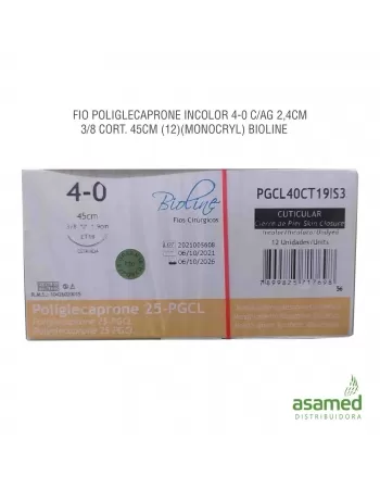 FIO POLIGLECAPRONE INCOLOR 4-0 C/AG 2,4CM 3/8 TRG. 45CM BIOLINE