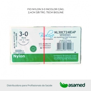 FIO NYLON 3-0 INCOLOR C/AG 2,4CM 3/8 TRG. CORT. 70CM BIOLINE