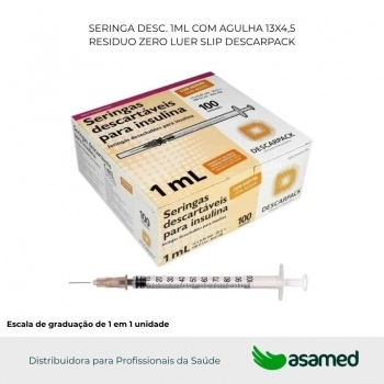 SERINGA DESC. 1ML COM AGULHA 13X4,5 RESIDUO ZERO LUER SLIP DESCARPACK