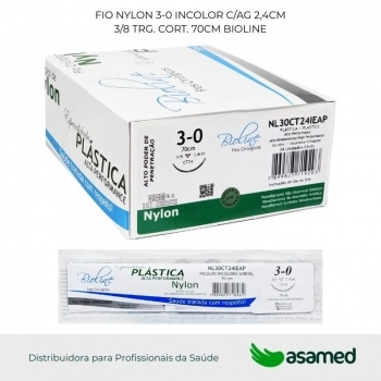 FIO NYLON 3-0 INCOLOR C/AG 2,4CM 3/8 TRG. CORT. 70CM BIOLINE