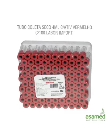 TUBO COLETA SECO 4ML C/ATIV VERMELHO C/100 LABOR IMPORT