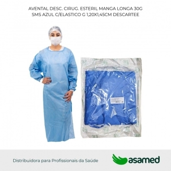 AVENTAL DESC. CIRUG. ESTERIL MANGA LONGA 30G SMS AZUL C/ELASTICO G 1,20X1,45CM DESCARTEE