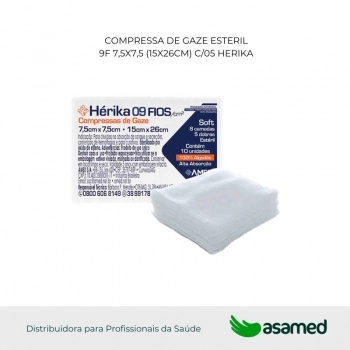 COMPRESSA DE GAZE ESTERIL 9F 7,5X7,5 (15X26CM) C/05 HERIKA