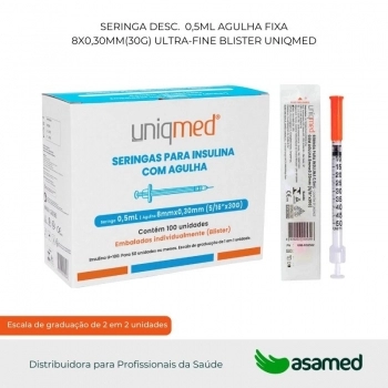 SERINGA DESC. 0,5ML AGULHA FIXA 8X0,30MM(30G) ULTRA-FINE BLISTER UNIQMED