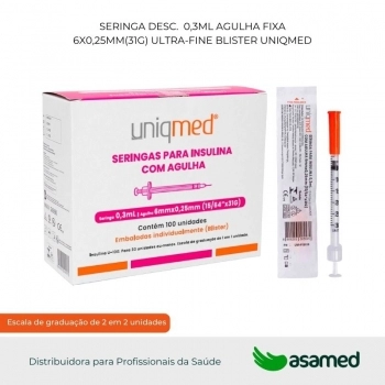 SERINGA DESC. 0,3ML AGULHA FIXA 6X0,25MM(31G) ULTRA-FINE BLISTER UNIQMED