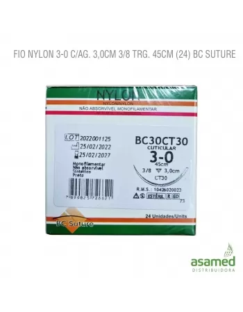 FIO NYLON 3-0 C/AG. 3,0CM 3/8 TRG. 45CM BC SUTURE