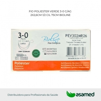 FIO POLIESTER 3-0 VERDE C/AG (2X)2,6CM 1/2 CIL. 75CM BIOLINE