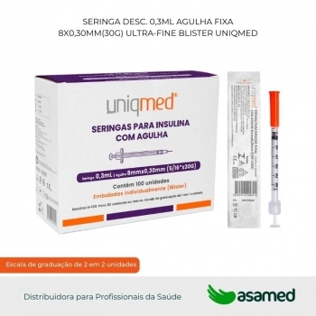 SERINGA DESC. 0,3ML AGULHA FIXA 8X0,30MM(30G) ULTRA-FINE BLISTER UNIQMED