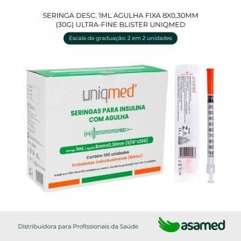 SERINGA DESC. 1ML AGULHA FIXA 8X0,30MM(30G) ULTRA-FINE BLISTER UNIQMED