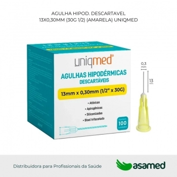 AGULHA HIPOD. DESCARTAVEL 13X0,30MM (30G 1/2) (AMARELA) UNIQMED