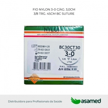 FIO NYLON 3-0 C/AG. 3,0CM 3/8 TRG. CORT. 45CM BC SUTURE