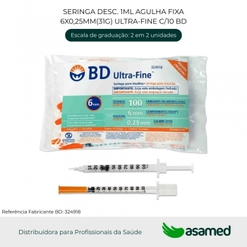 SERINGA DESC. 1ML AGULHA FIXA 6X0,25MM(31G) ULTRA-FINE C/10 BD