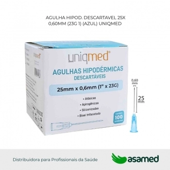 AGULHA HIPOD. DESCARTAVEL 25X0,60MM (23G 1) (AZUL) UNIQMED