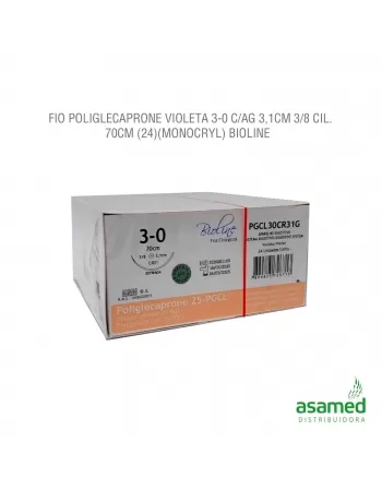 FIO POLIGLECAPRONE VIOLETA 3-0 C/AG 3,1CM 3/8 CIL. 70CM BIOLINE