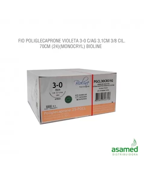 FIO POLIGLECAPRONE VIOLETA 3-0 C/AG 3,1CM 3/8 CIL. 70CM BIOLINE