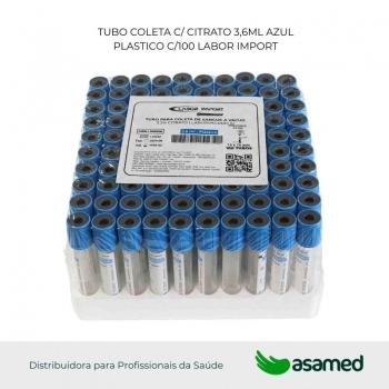 TUBO COLETA C/ CITRATO 3,6ML AZUL PLASTICO C/100 LABOR IMPORT