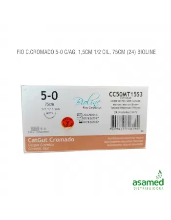 FIO CATGUT CROMADO 5-0 C/AG. 1,5CM 1/2 CIL. 75CM BIOLINE