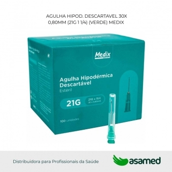 AGULHA HIPOD. DESCARTAVEL 30X0,80MM (21G 1 1/4) (VERDE) MEDIX