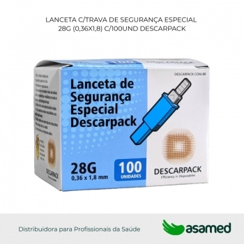 LANCETA C/TRAVA DE SEGURANÇA ESPECIAL 28G (0,36X1,8) C/100UND DESCARPACK