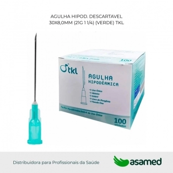 AGULHA HIPOD. DESCARTAVEL 30X8,0MM (21G 1 1/4) (VERDE) TKL