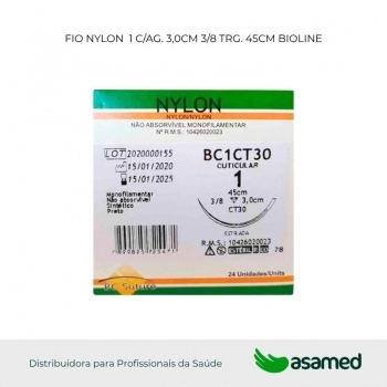 FIO NYLON 1 C/AG. 3,0CM 3/8 TRG. 45CM BIOLINE