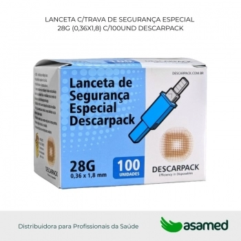 LANCETA C/TRAVA DE SEGURANÇA ESPECIAL 28G (0,36X1,8) C/100UND DESCARPACK