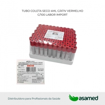 TUBO COLETA SECO 4ML C/ATIV VERMELHO C/100 LABOR IMPORT