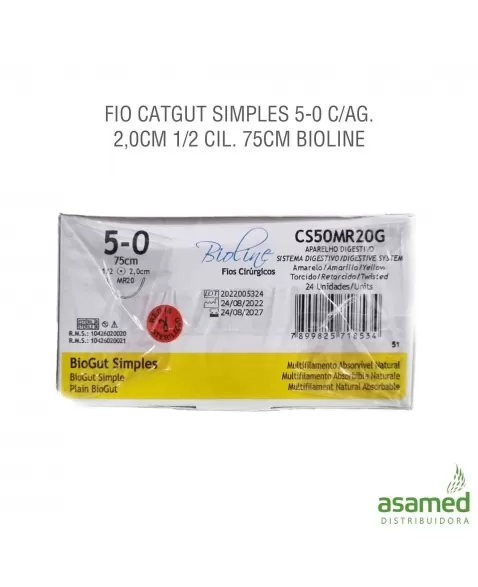 FIO CATGUT SIMPLES 5-0 C/AG. 2,0CM 1/2 CIL. 75CM BIOLINE