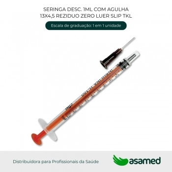 SERINGA DESC. 1ML COM AGULHA 13X4,5 REZIDUO ZERO LUER SLIP TKL