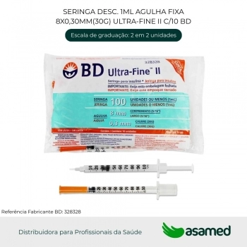 SERINGA DESC. 1ML AGULHA FIXA 8X0,30MM(30G) ULTRA-FINE II C/10 BD