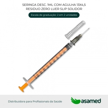 SERINGA DESC. 1ML COM AGULHA 13X4,5 RESIDUO ZERO LUER SLIP SOLIDOR