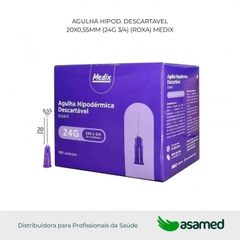 AGULHA HIPOD. DESCARTAVEL 20X0,55MM (24G 3/4) (ROXA) MEDIX