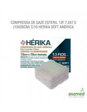 COMPRESSA DE GAZE ESTERIL 13F 7,5X7,5 (15X26CM) C/10 HERIKA SOFT AMERICA