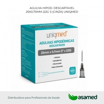 AGULHA HIPOD. DESCARTAVEL 25X0,70MM (22G 1) (CINZA) UNIQMED