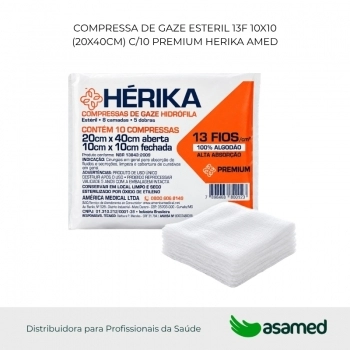 COMPRESSA DE GAZE ESTERIL 13F 10X10 (20X40CM) C/10 PREMIUM HERIKA AMERCIA