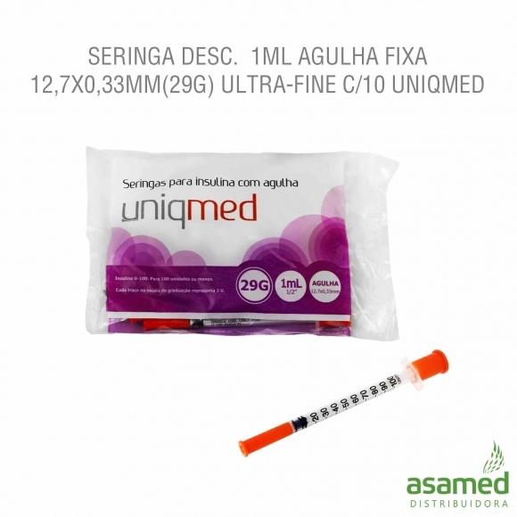 SERINGA DESC. 1ML AGULHA FIXA 12,7X0,33MM(29G) ULTRA-FINE C/10 UNIQ