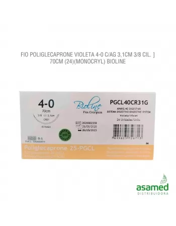 FIO POLIGLECAPRONE VIOLETA 4-0 C/AG 3,1CM 3/8 CIL. 70CM BIOLINE