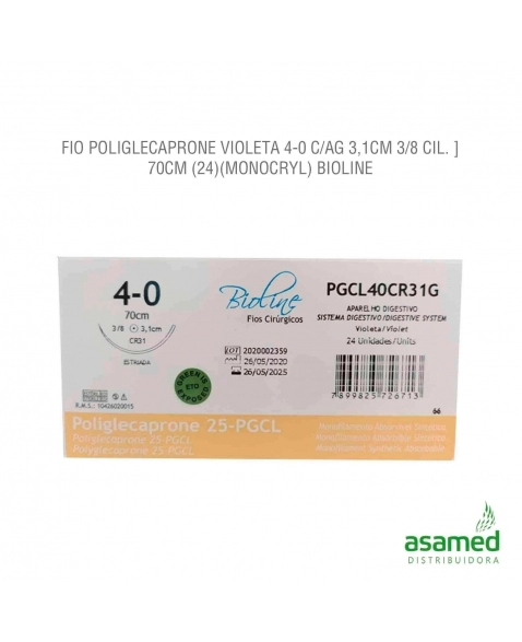 FIO POLIGLECAPRONE VIOLETA 4-0 C/AG 3,1CM 3/8 CIL. 70CM BIOLINE