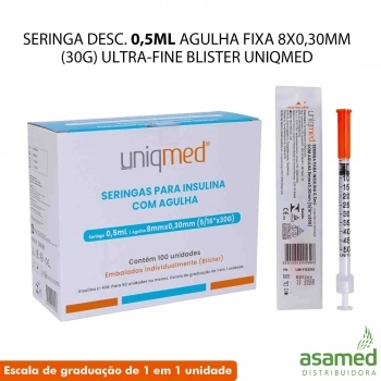 SERINGA DESC. 0,5ML AGULHA FIXA 8X0,30MM(30G) ULTRA-FINE BLISTER UNIQMED