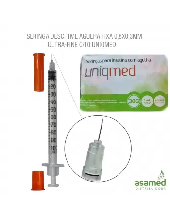 SERINGA DESC. 1ML AGULHA FIXA 8X0,30MM(30G) ULTRA-FINE C/10 UNIQMED