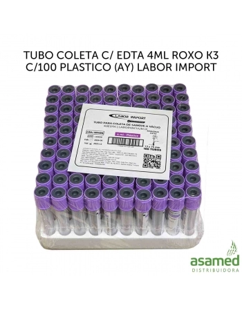 TUBO COLETA C/ EDTA 4ML ROXO K3 C/100 PLASTICO LABOR IMPORT