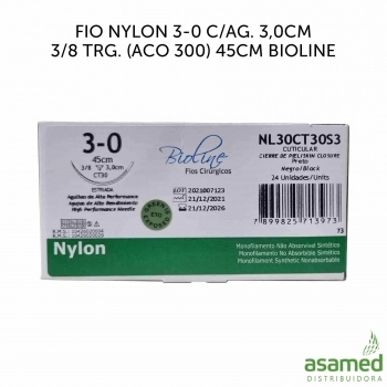 FIO NYLON 3-0 C/AG. 3,0CM 3/8 TRG. (ACO 300) 45CM BIOLINE
