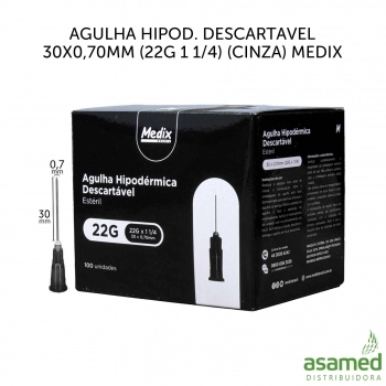AGULHA HIPOD. DESCARTAVEL 30X0,70MM (22G 1 1/4) (CINZA) MEDIX